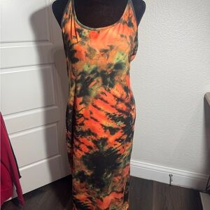 SHEIN Orange and Black Tie-Dye Maxi Dress